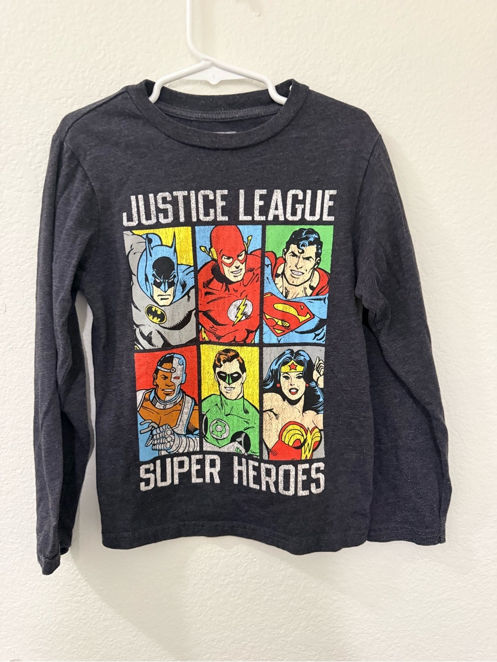 DC Black Justice League Long Sleeve Tee with Colorful Superhero Grid